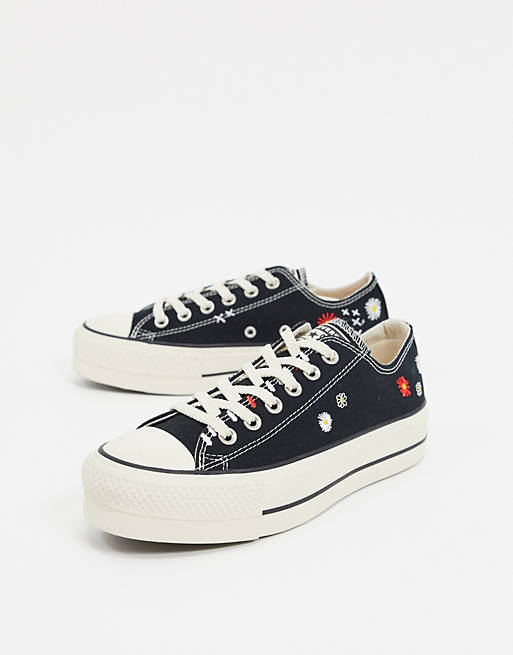 Converse Chuck Taylor Lift Platform Black Embroidered Floral Sneakers | ASOS