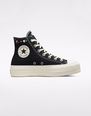 Converse Chuck Taylor Lift Hi Things to Grow platform trainers with floral embroidery detail in black