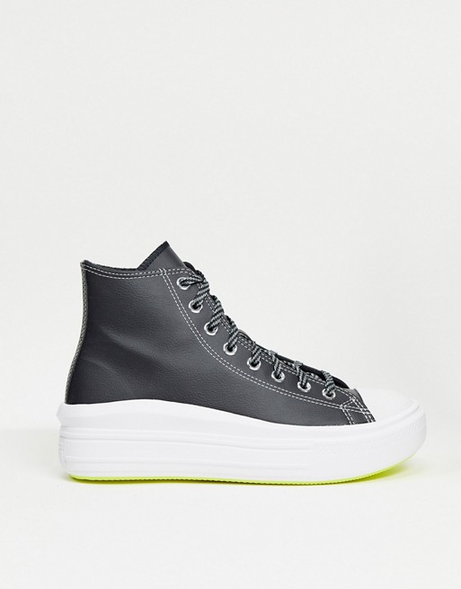 Converse Chuck Taylor Move platform hi leather trainers in black and neon yellow