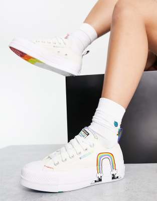 Converse Chuck Taylor Pride Lift Ox rainbow print platform trainers in off white - ASOS Price Checker