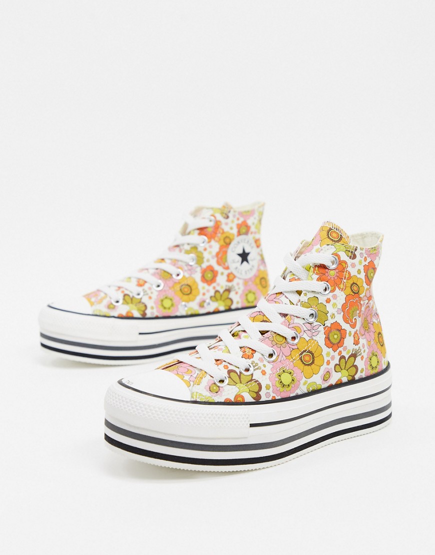 Converse - Chuck Taylor - Sneakers alte color crema a fiori con plateau a strati-Multicolore