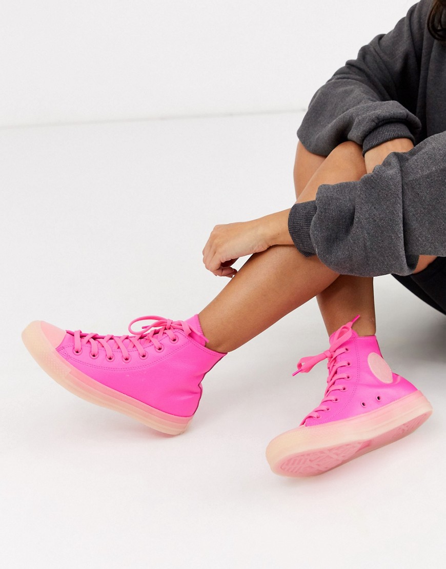 Converse - Chuck Taylor - Sneakers alte in pelle rosa fluo