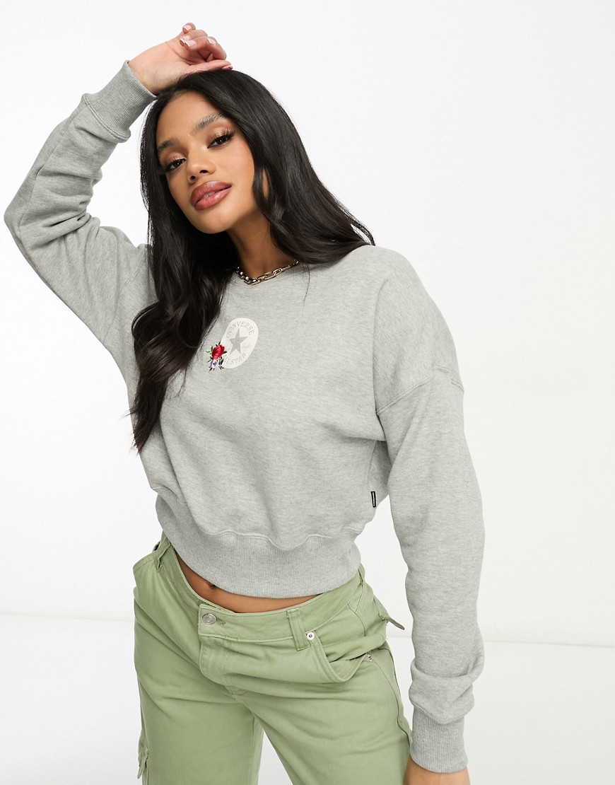 Converse Floral Embroidery Cropped Sweat In Grey