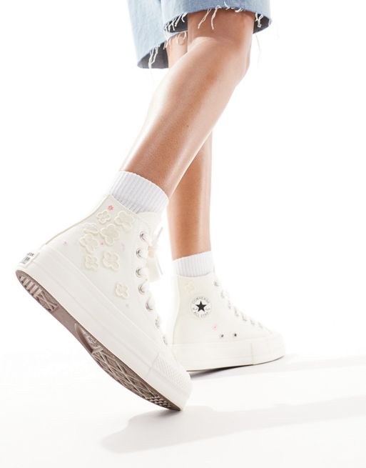 Converse – Lift – Gräddvita, blommiga sneakers med grova snören