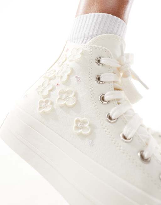 Converse - Lift Hi - Baskets montantes avec lacets épais et fleurs en organza - Crème, 4 de 5