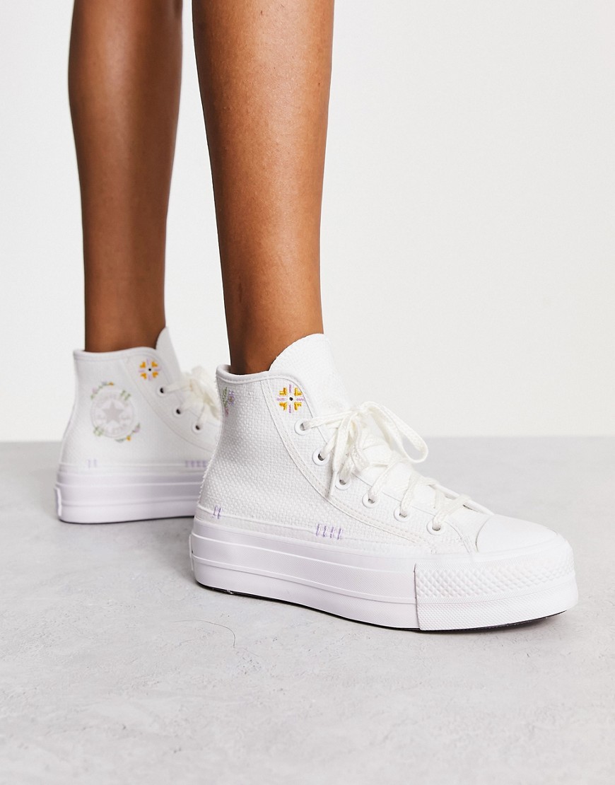 Converse Lift Hi floral embroidery platform trainers in white