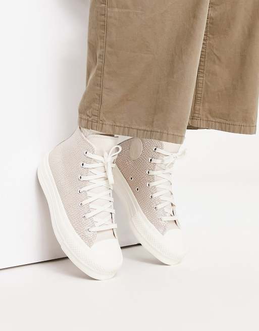 Converse – Lift Hi – Jasnobeżowe, skórzane buty sportowe z wytłoczonym wzorem skóry krokodyla
