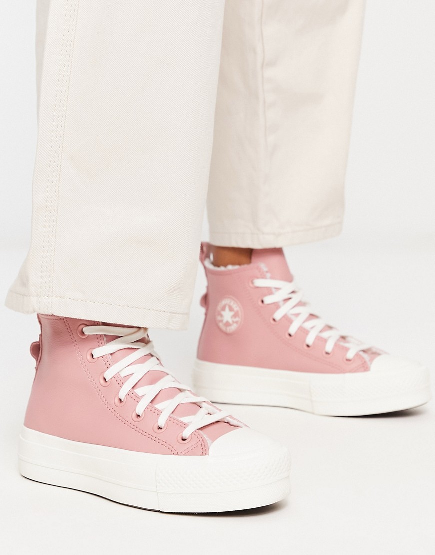 Converse Lift Hi Leather Trainers With Borg Lining In Pink