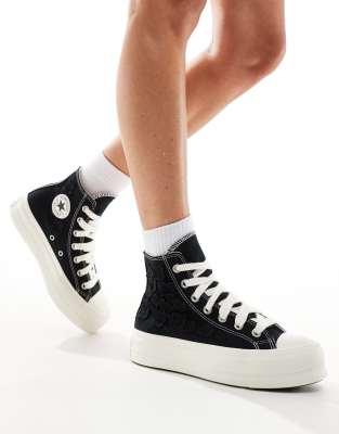 Converse Lift Hi Organza Flower Sneakers With Chunky Laces In Black