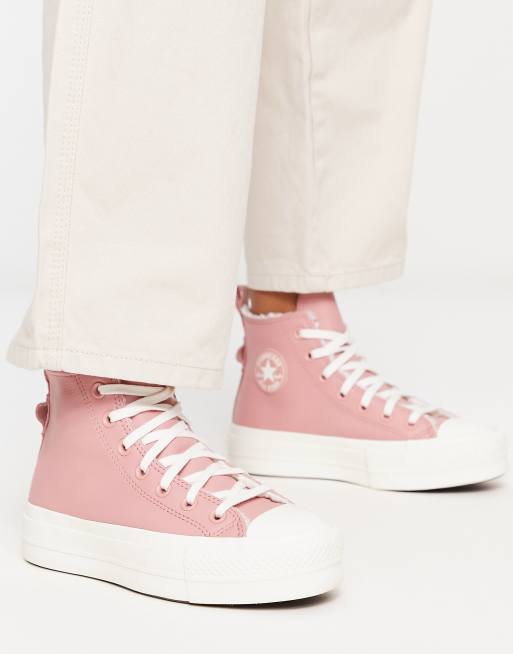 Converse - Lift Hi - Sneakers alte in pelle rosa con interno in pile borg