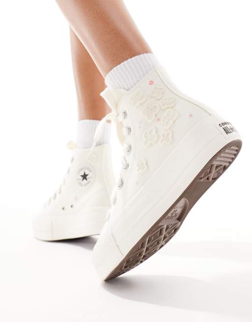 Converse Lift Hi Sneakers met dikke veters en organza bloemen in creme