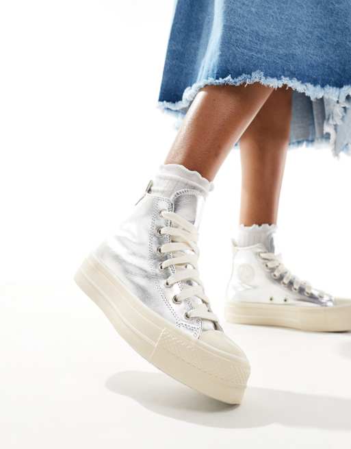 Converse Lift Hi trainers with chunky laces in metallic silver ASOS