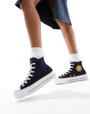 Converse Lift Hi twill trainers in navy with gold details-Black