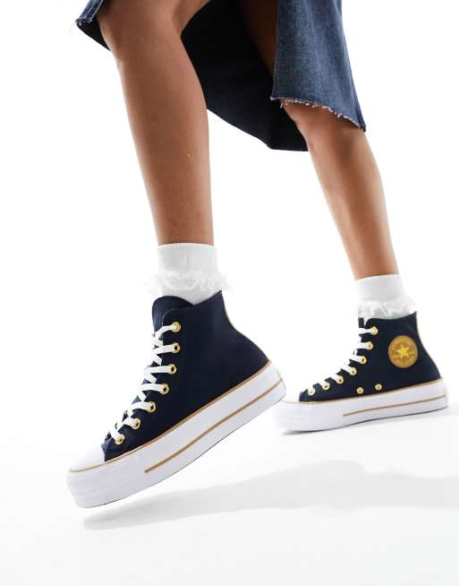 Converse Lift Hi twill trainers in navy with gold details ASOS