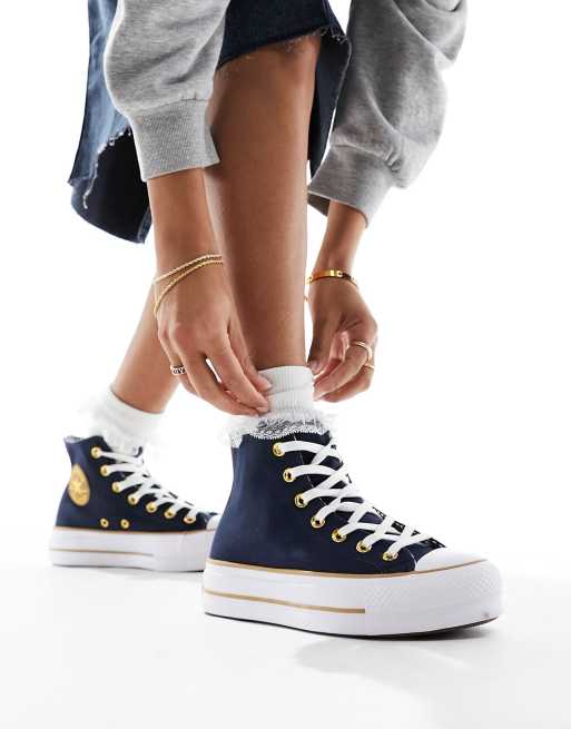 Converse – Lift – Marinblå, höga sneakers i twill med guldfärgade detaljer, 4 av 5