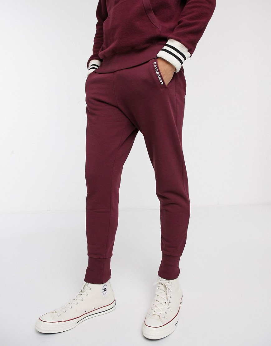 Converse Made in Italy reverse fleece logo cuffed joggers in burgundy-Red