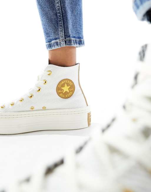 Converse Modern Lift Hi twill trainers with gold details in cream