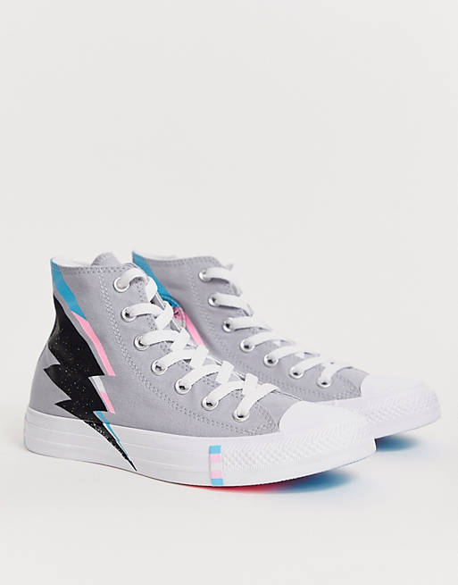 Converse Pride Chuck Taylor Hi All Star Grey Blue And Pink Lightening Bolt Trainers
