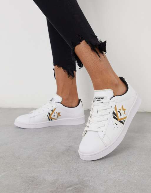 Converse – Pro – Białe skórzane buty sportowe w paski zebry