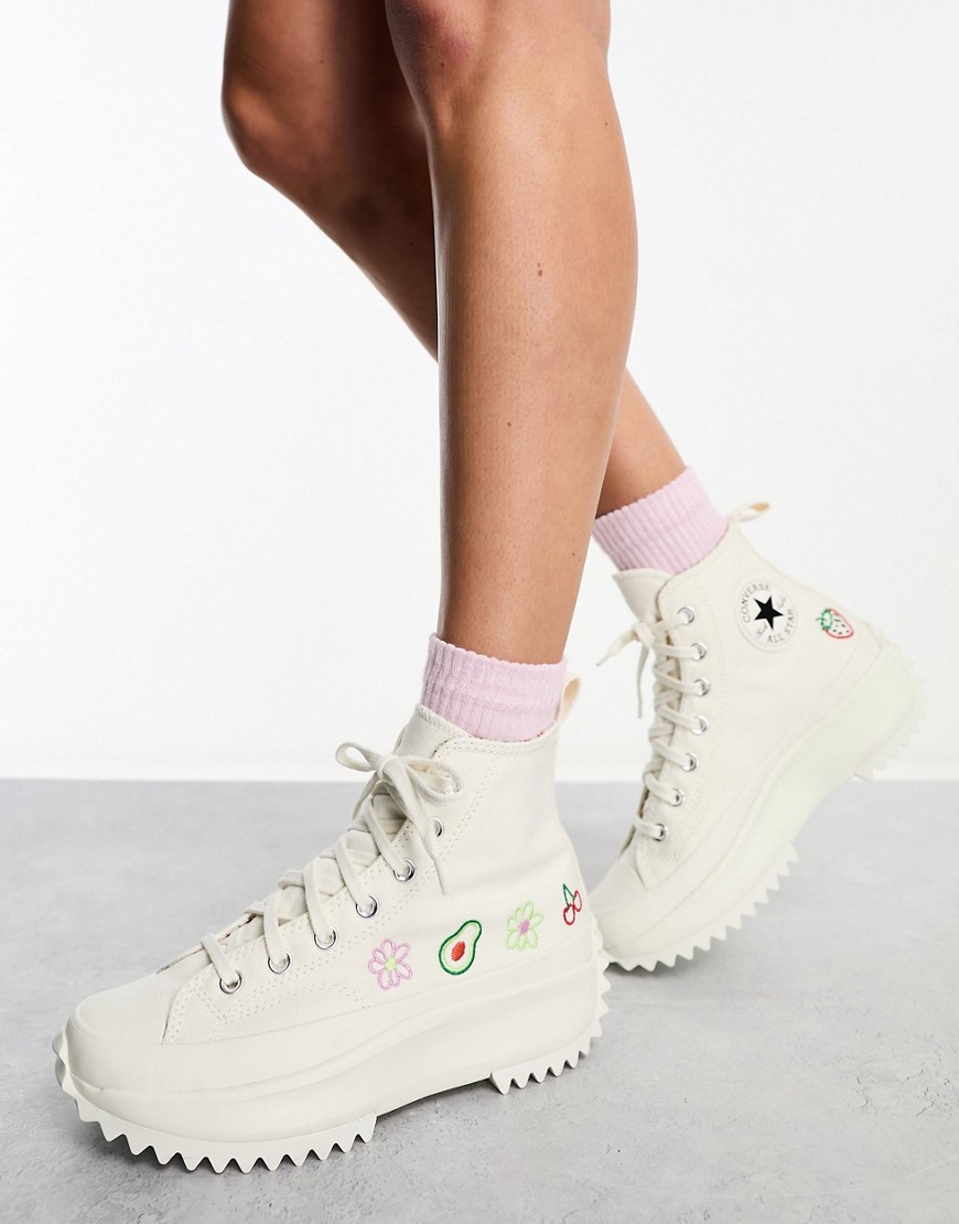 Converse Run Star Hike flowers and fruit embroidered trainers in white