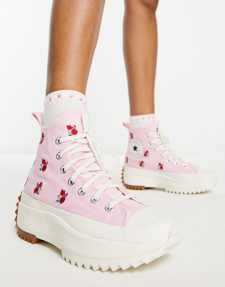 Converse Run Star Hike Hi trainers with flower embroidery in pink