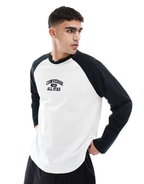 Converse - T-shirt a maniche lunghe nera e bianca stile college - view 1