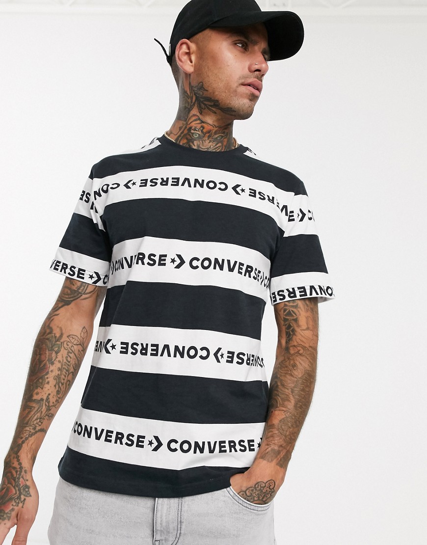 Converse - T-shirt nera a righe con logo-Nero