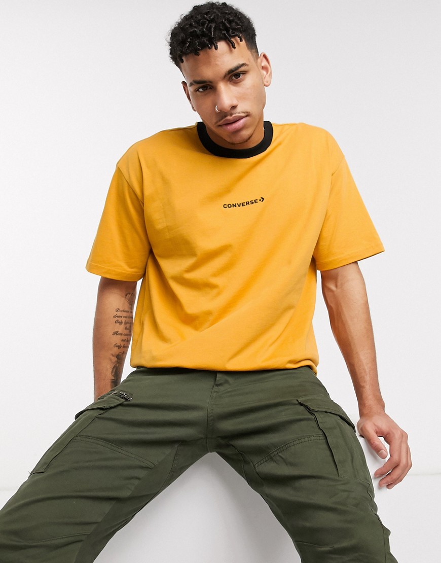 Converse - T-shirt oversize con logo e bordi a contrasto gialla-Giallo