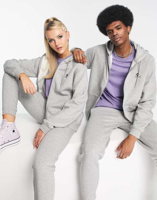 Converse - Unisex - Grå hættetrøje med gennemgående lynlås og V-formet stjernelogo
