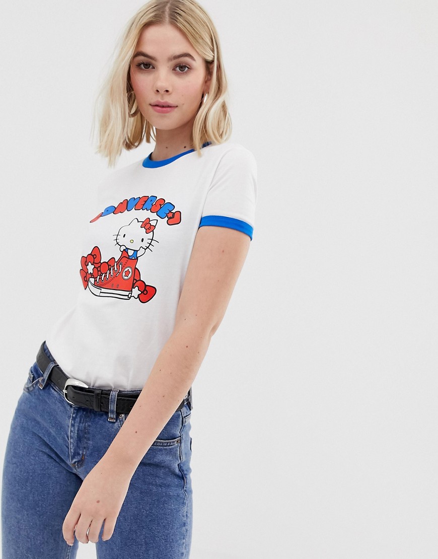 Converse x Hello Kitty – Vit t-shirt med tryck och kontrasterande kanter