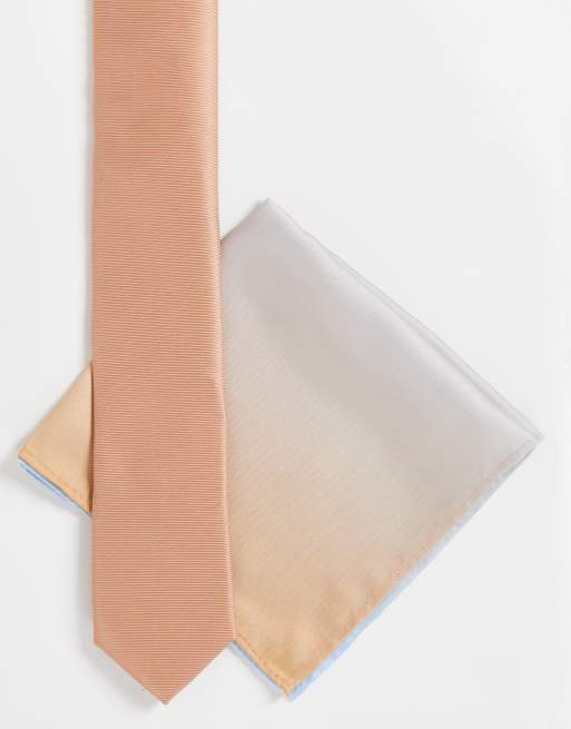 Corbata estrecha y pañuelo de bolsillo color piedra con efecto degradado de ASOS DESIGN