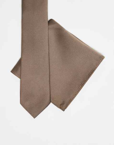 Corbata y pañuelo de bolsillo marrón medio de satén de ASOS DESIGN - view 1