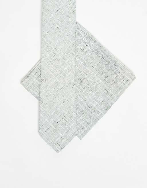Corbata y pañuelo de bolsillo verde meta texturizados de tejido efecto lino de ASOS DESIGN