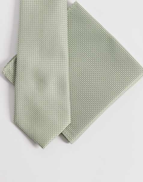 Corbata y pañuelo de bolsillo verde salvia de tejido texturizado de ASOS DESIGN - view 1