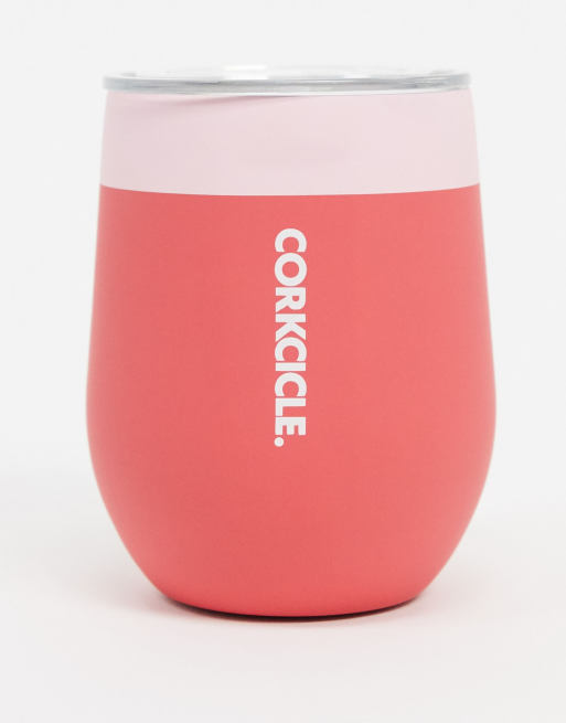 Corkcicle – Różowy kubek-kieliszek bez nóżki z wierzchem z miękkiego w dotyku tworzywa ze wzorem z blokami kolorów, 355 ml