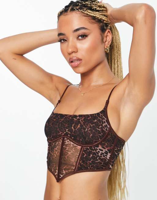 Corsé fruncido de tirantes finos con estampado animal y diseño de aro único de malla de ASOS DESIGN