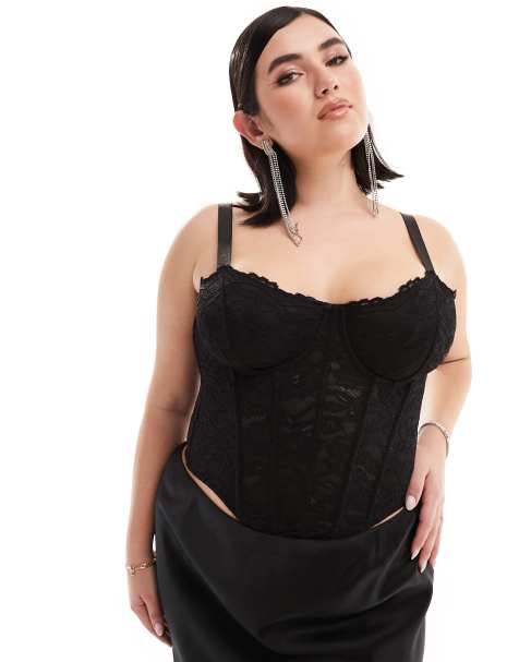 Corsé negro con ballenas y detalle de copas de encaje de ASOS DESIGN Curve - view 1