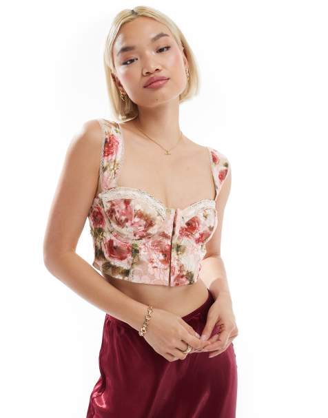 Corsé rosa de encaje con estampado floral y ribete de cinta de Love Triangle - view 1