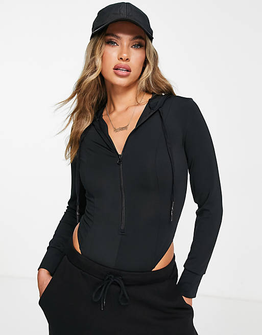 Cosmogonie Exclusive long sleeve zip front hooded bodysuit in black - BLACK