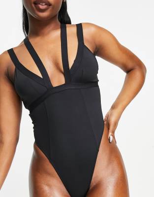Cosmogonie Cosmogonie Exclusive Microfibre double strap Bodysuit in black - BLACK