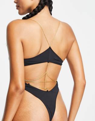 Cosmogonie Exclusive Plunge Bodysuit With Gold Chain Strappy Back Detail In Black