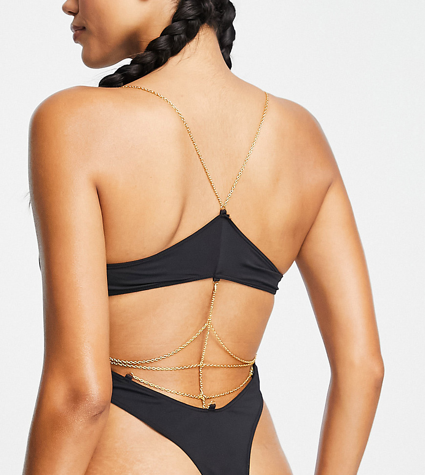 Cosmogonie Exclusive plunge bodysuit with gold chain strappy back detail in black