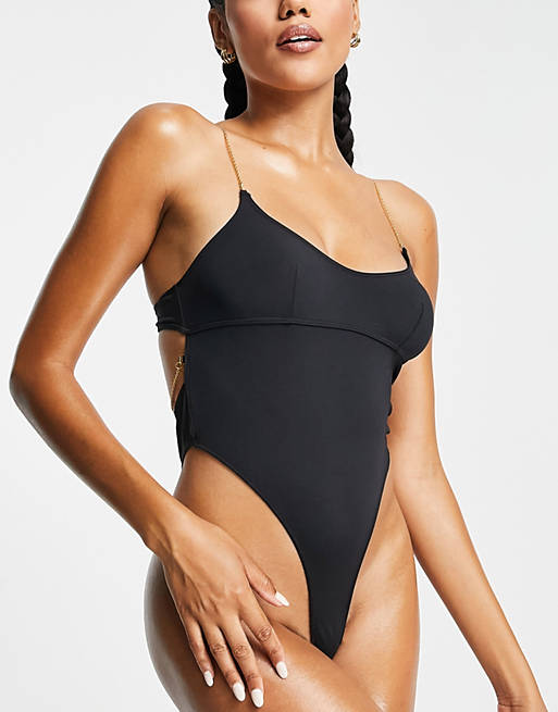 Cosmogonie Exclusive plunge bodysuit with gold chain strappy back detail in  black