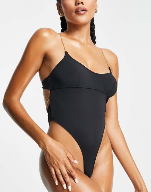 Cosmogonie Exclusive plunge bodysuit with gold chain strappy back