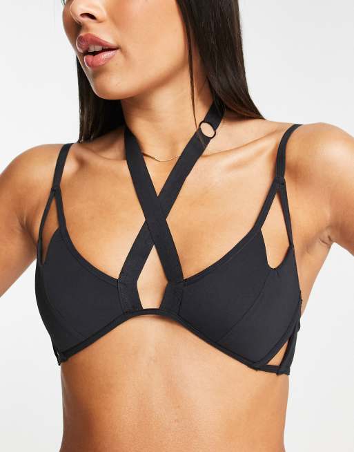 Cosmogonie Exclusive triangle bralette with strapping and cut out detail in  black - BLACK