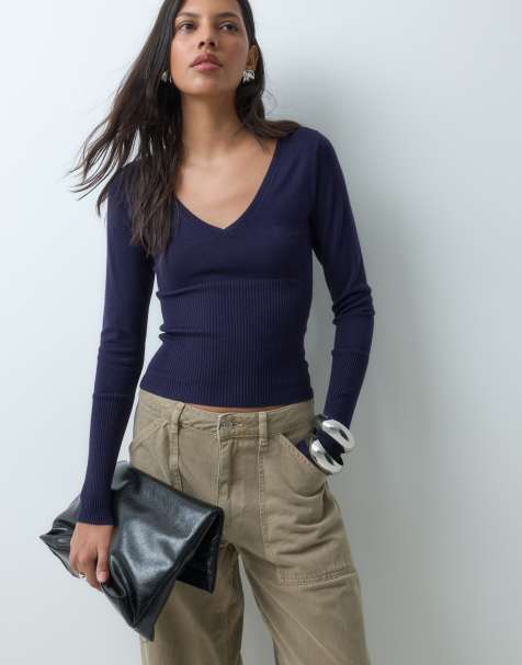 Coton On close knit v neck top in navy 