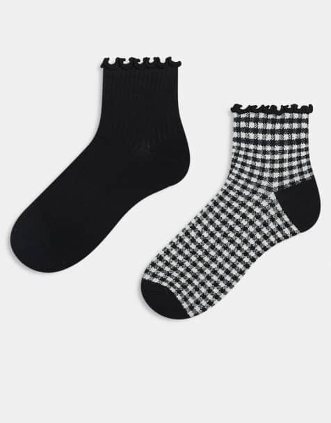 Cotton On 2 pack frill rib ankle sock in black and gingham - view 1