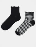 [Cotton:On] Cotton On 2 pack frill rib ankle socks in black and gingham-Multi One Size MULTI