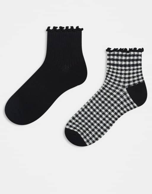 Cotton On 2 pack frill rib ankle socks in black and gingham