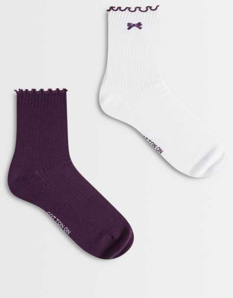Cotton On 2 pack  frill rib crew sock in blackberry bow - view 1